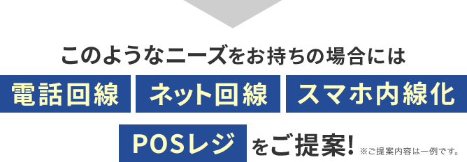 このようなニーズをお持ちの場合には電話回線・ネット回線・スマホ内線化・POSレジをご提案！